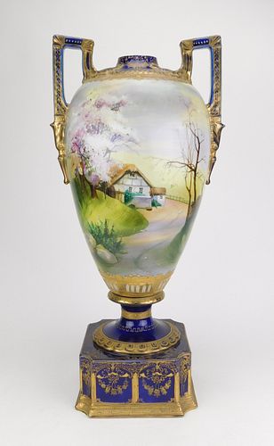 Nippon porcelain cobalt bolted urn