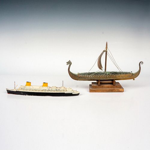 2 Vintage Metal Model Ships + Base