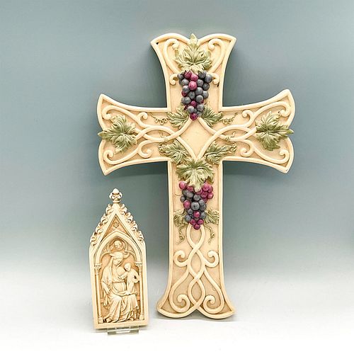 2pc Christian Cross and Mother Mary and Baby Jesus Plaque