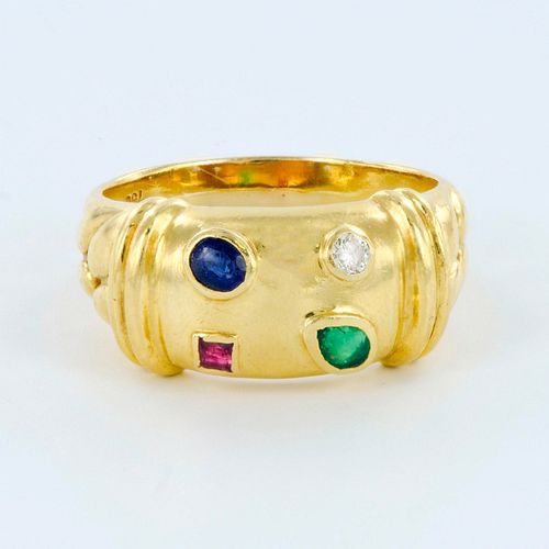 18K Yellow Gold Diamond Ruby Sapphire Emerald Ring