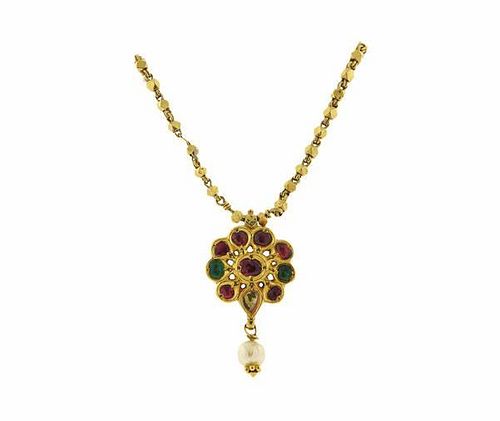 Indian 22K Gold Gemstone Diamond Necklace