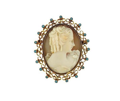 Antique 18k Gold Cameo Turquoise Brooch