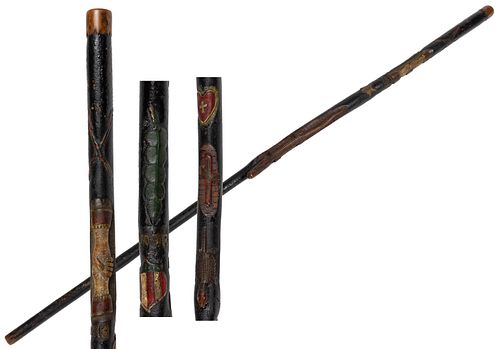 IMPORTANT VIRGINIA AFRICAN-AMERICAN FRATERNAL CARVED AND PAINTED FOLK ART CANE / WALKING STICK