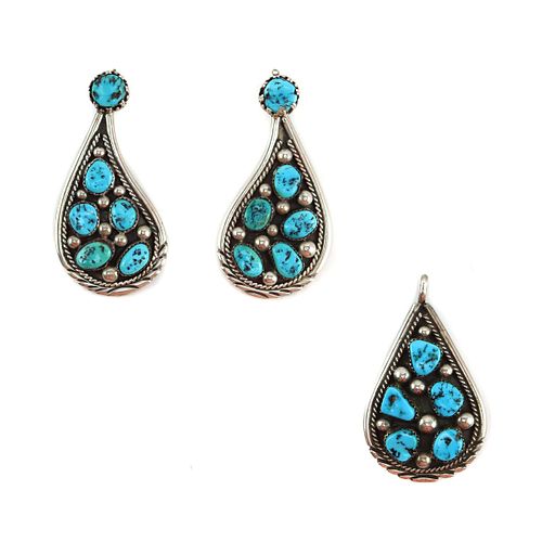 Tommy Moore - Navajo - Turquoise Cluster and Sterling Silver Post Earrings and Pendant Set c. 1960s 