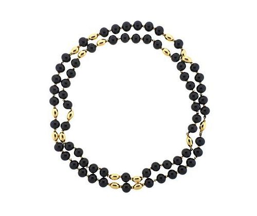 14k Gold Onyx Bead Long Necklace