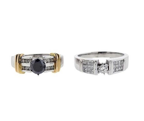 14K Gold Black White Diamond Engagement Ring Lot of 2