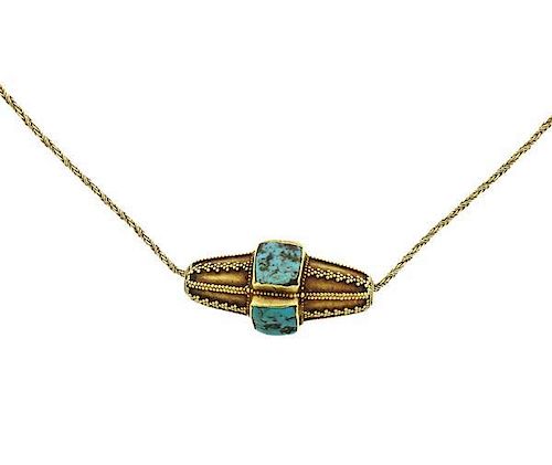 Antique 18K Gold Turquoise Slide Pendant Necklace