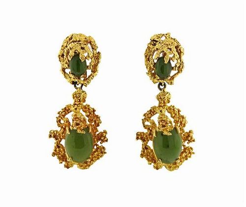 14K Gold Green Stone Free Form Dangle Earrings