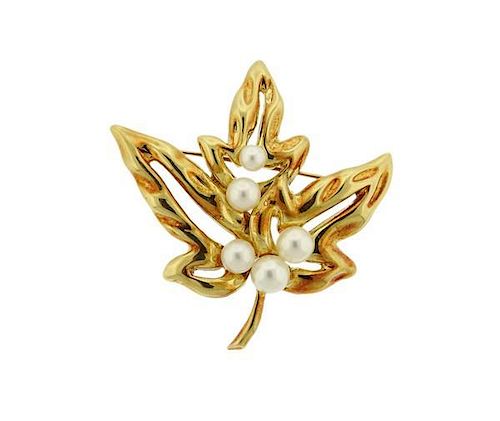 Tiffany &amp; Co 18k Gold Pearl Leaf Brooch Pin