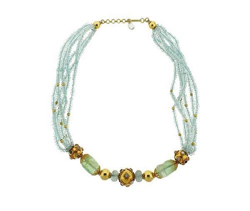 18K Gold Aquamarine Diamond Color Stone Multi Strand Necklace