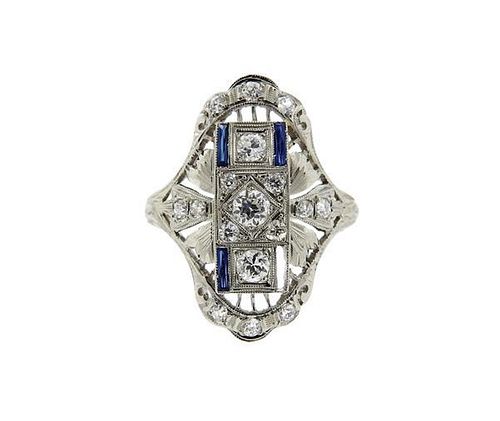 Art Deco 14K Gold Diamond Blue Stone Ring