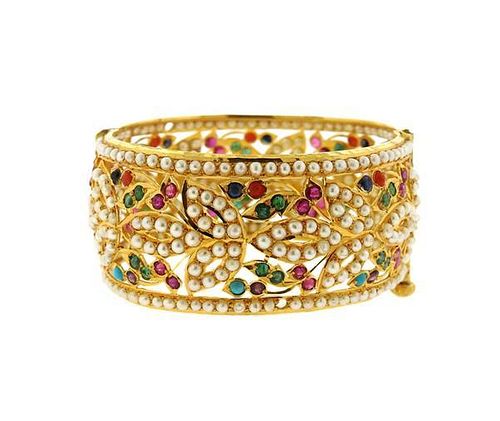 22K Gold Pearl Multi Color Stone Bangle Barcelet