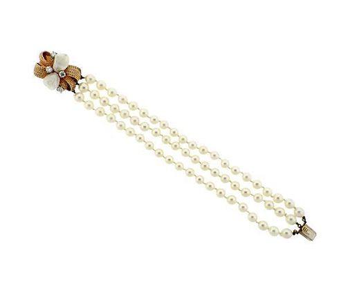 14K Gold Diamond Pearl Three Strand Bracelet