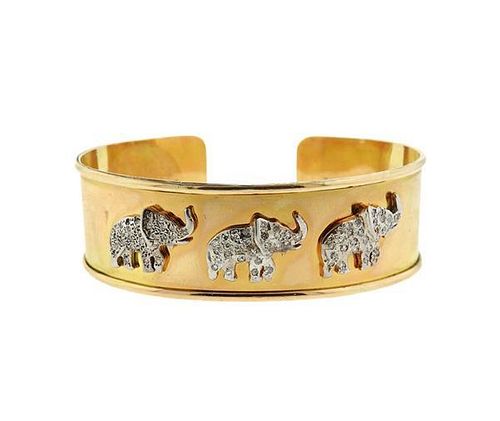 14K Gold Diamond Elephant Wide Cuff Bracelet