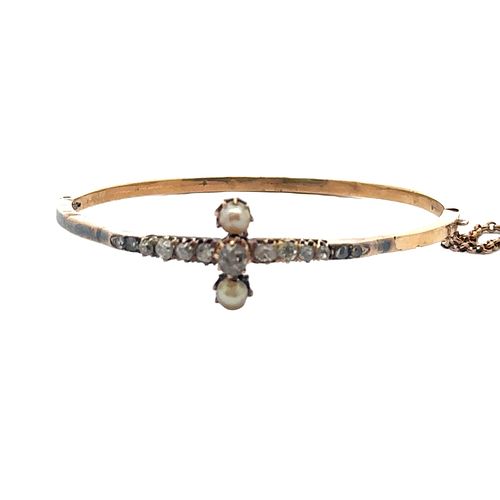 Antique 18k Gold Cuff Bracelet with Diamonds & Pearls