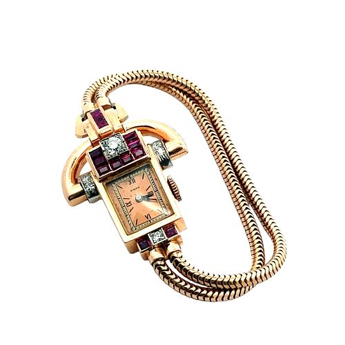 Art Deco 18k Gold Watch Bracelet with Rubies & Diamonds