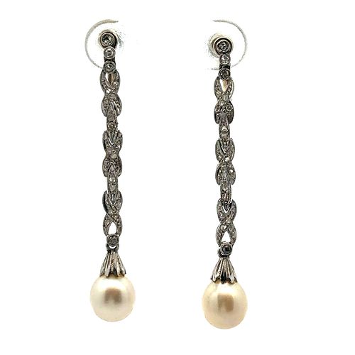 Antique Diamonds Drop Platinum Earrings with Pearls