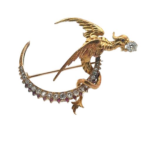 Victorian 18k Gold Dragon Brooch with Diamonds & Rubies