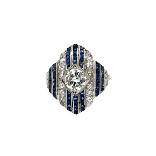 Deco style Platinum Ring with Diamonds & Sapphires