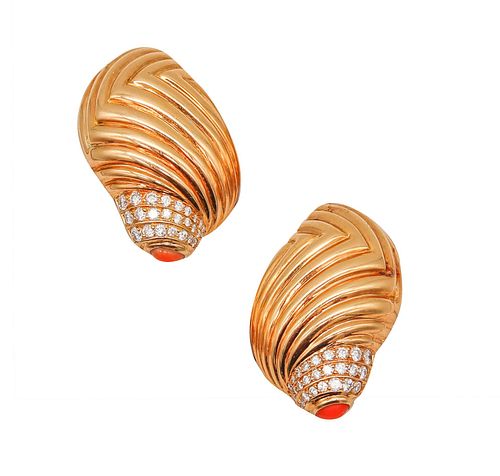 Boucheron Paris Earrings In 18Kt Gold With 2.68 Cts In Diamonds And Coral