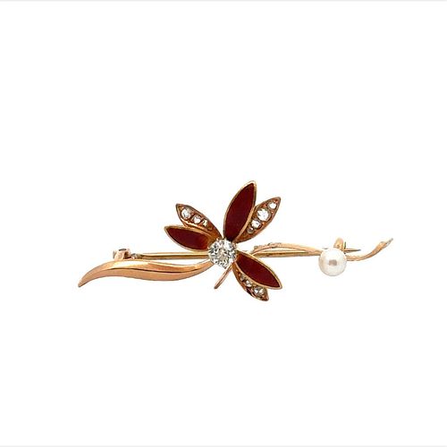 18k Gold Enameled Brooch with Diamonds & Pearl