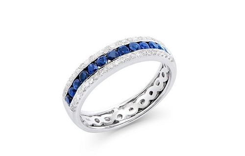 0.8 CTS Certified Blue Sapphire & Diamonds 14K White Gold Gold Ring
