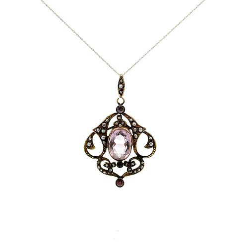 Edwardian English 9k Gold Pendant Chain with Amethyst and Micro Pearls