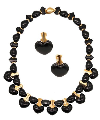 Marina Bvlgari Ciao Necklace And Earrings In 18Kt Gold With Black Jade