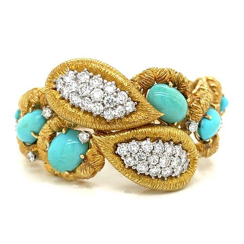 18K Yellow Gold Turquoise and Diamond Bracelet w/ detachable Earrings