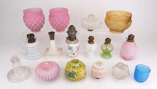 Assortment of miscellaneous glass shades and oil lamps