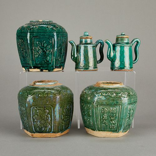 5 Chinese Green Copper Glaze Ceramic Vessels