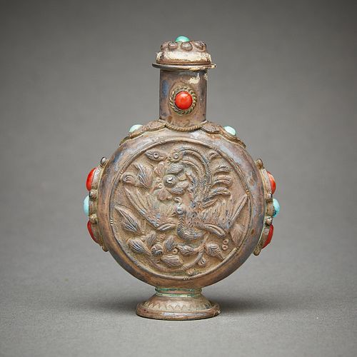 Chinese Silver Snuff Bottle with Stones