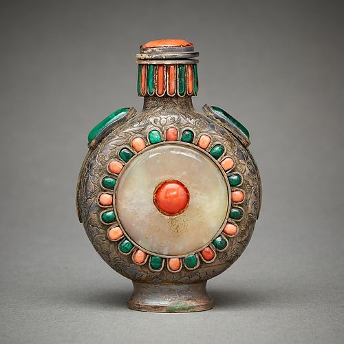 Chinese Silver Snuff Bottle w/ Jade