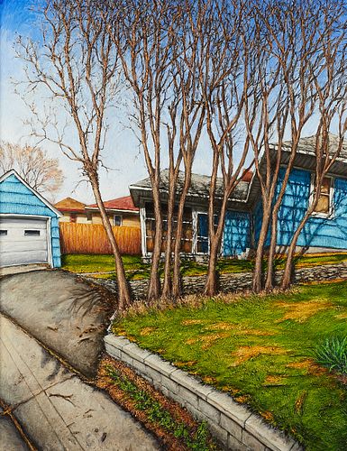 Rod Massey "Blue House Behind Trees" Painting