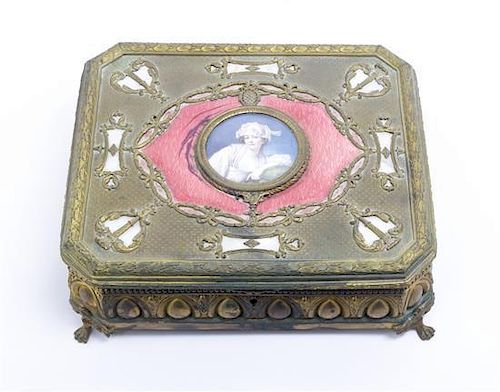 A French Gilt Metal and Mother-of-Pearl Inlay Jewelry Box, Length 12 inches.