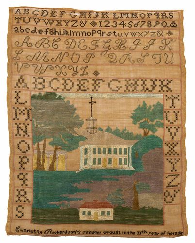 NEW HAMPSHIRE ATTRIBUTED PICTORIAL NEEDLEWORK SAMPLER