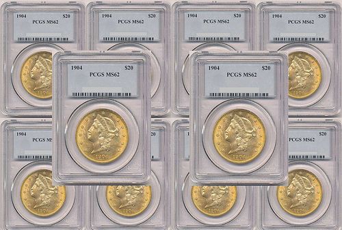 Constitutional U.S. Gold $20 Liberty PCGS MS62 (10-coins)