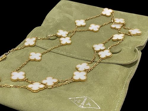 Van Cleef & Arpels 18K Yellow Gold White Coral  Vintage Alhambra 20 Motifs Necklace