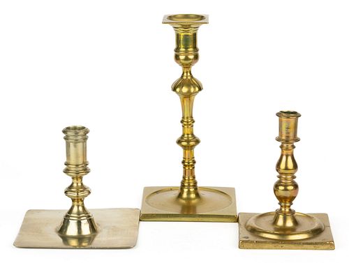 EUROPEAN SQUARE-BASE BRASS CANDLESTICKS, LOT OF TWO