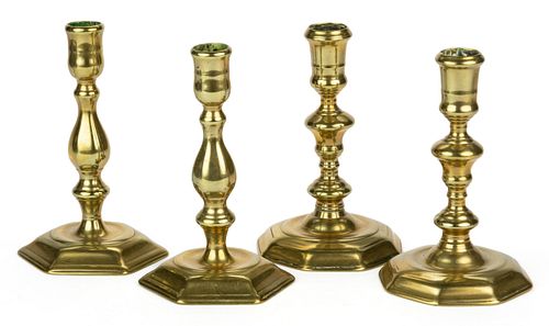ENGLISH GEORGE I BRASS CANDLESTICKS, LOT OF TWO PAIR