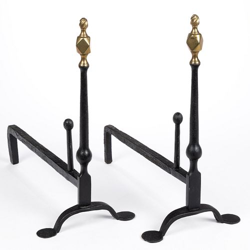 PENNSYLVANIA CHIPPENDALE BRASS AND IRON PAIR OF ANDIRONS
