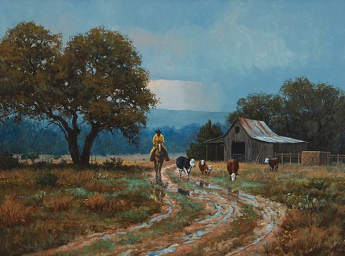 Martin Grelle (b. 1954), Rancher with cattle after a rainstorm, 1982, Acrylic on linen, 18" H x 24" W