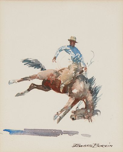 Edward Borein (1872-1945), "Cowboy with Blue Shirt on Bucking Bronc," Watercolor on paper, Sheet: 7.25" H x 5.75" W
