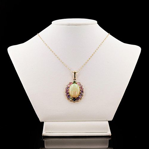 10.81ct Multi-Color Opal, 4.99ctw Multi-Color Sapphire and 0.43ctw Diamond 14K Yellow Gold Pendant