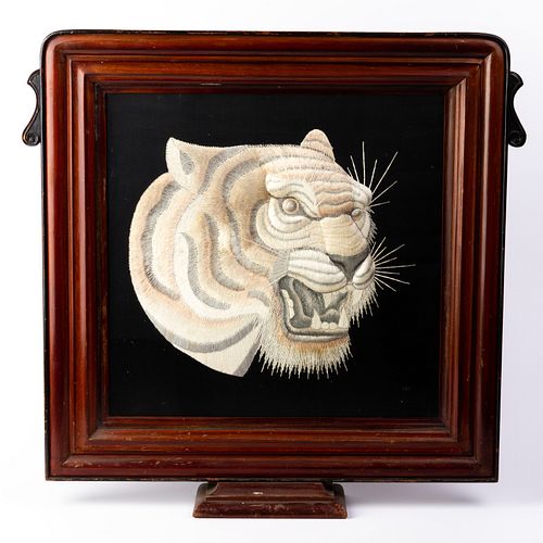 Japanese Embroidered Silk Panel of a Tiger Meiji 