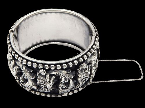 Glamorous & Stunning! Heavy .925 Sterling Silver Bangle with Intricate High Relief & Safety Chain