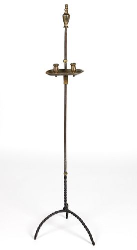 AMERICAN / ENGLISH BRASS AND WROUGHT-IRON / STEEL ADJUSTABLE FLOOR CANDLE STAND