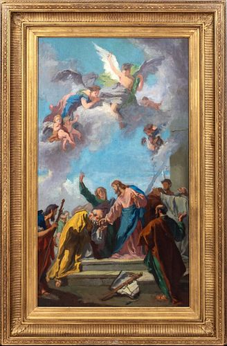 CHRIST GIVING THE KEYS OF PARADISE TO SAINT PETER OIL PAINTING