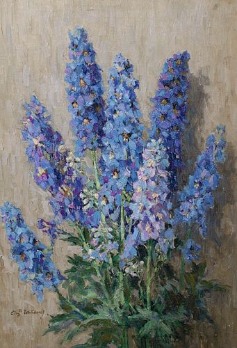 STILL LIFE OF BLUE DELPHINIUMS OIL PAINTING