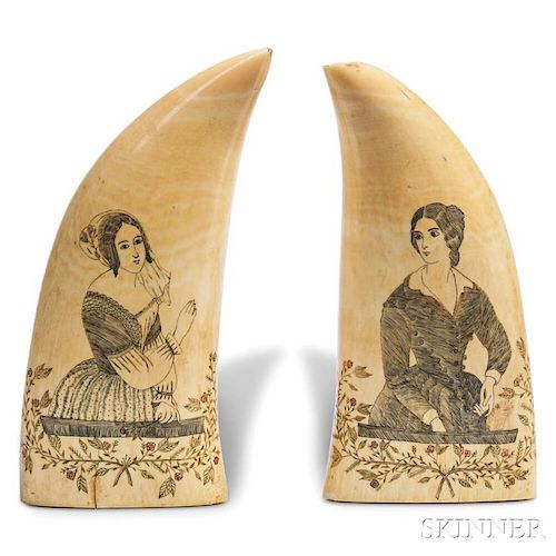 Pair of Scrimshaw Whale's Teeth with Portraits of Women